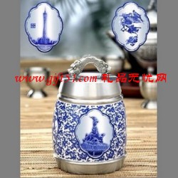 广东文化特色青花瓷纯锡茶叶罐定制
